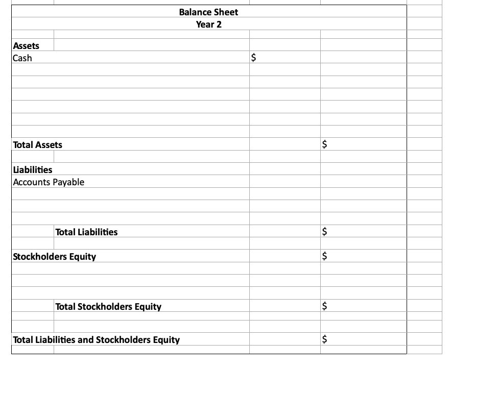 Balance Sheet
Year 2
Assets
Cash
$
Total Assets
$
Liabilities
Accounts Payable
Total Liabilities
$
Stockholders Equity
$
Total Stockholders Equity
$
Total Liabilities and Stockholders Equity
$
