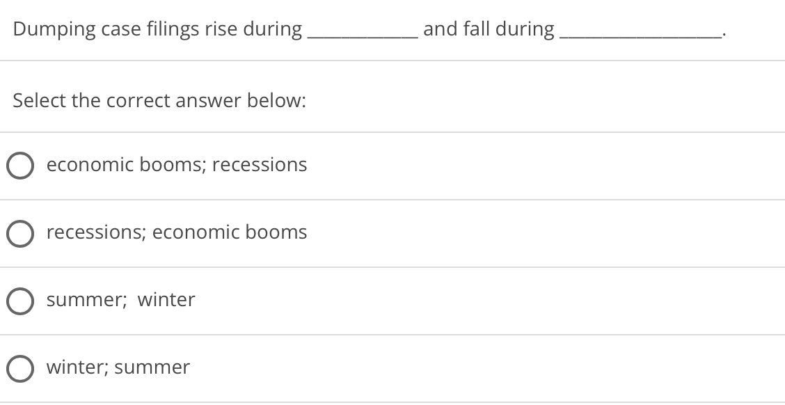 Dumping case filings rise during
and fall during
Select the correct answer below:
economic booms; recessions
recessions; economic booms
summer; winter
O winter; summer

