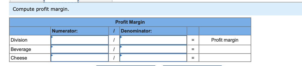 Compute profit margin.
Profit Margin
Numerator:
I Denominator:
Division
Profit margin
%3D
Beverage
%3D
Cheese
=
