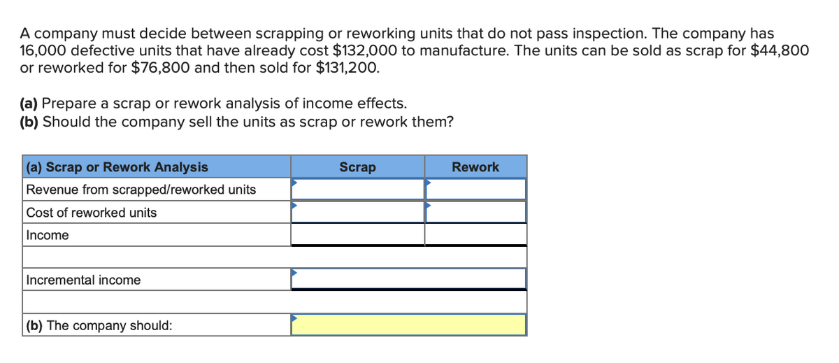 A company must decide between scrapping or reworking units that do not pass inspection. The company has
16,000 defective units that have already cost $132,000 to manufacture. The units can be sold as scrap for $44,800
or reworked for $76,800 and then sold for $131,200.
(a) Prepare a scrap or rework analysis of income effects.
(b) Should the company sell the units as scrap or rework them?
(a) Scrap or Rework Analysis
Scrap
Rework
Revenue from scrapped/reworked units
Cost of reworked units
Income
Incremental income
(b) The company should:
