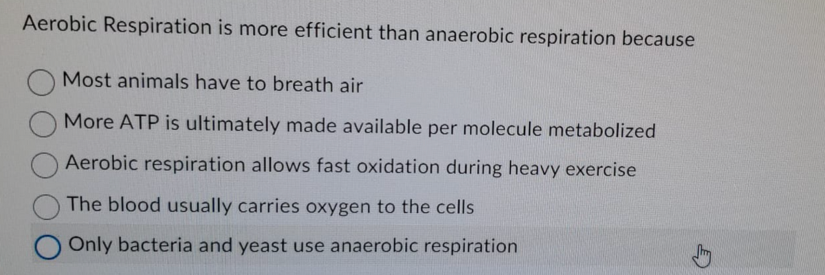 Aerobic Respiration is more efficient than anaerobic respiration because
Most animals have to breath air
More ATP is ultimately made available per molecule metabolized
Aerobic respiration allows fast oxidation during heavy exercise
The blood usually carries oxygen to the cells
Only bacteria and yeast use anaerobic respiration