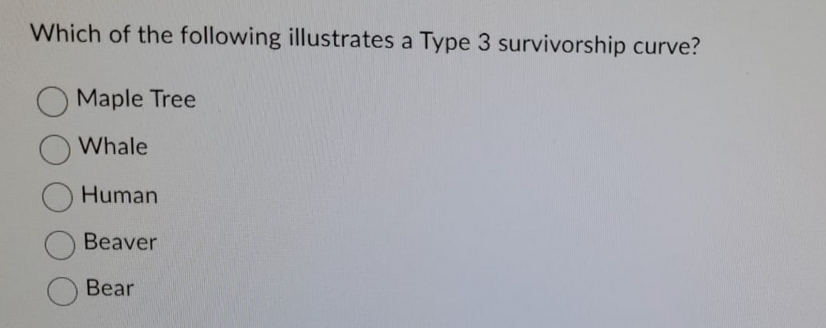 Which of the following illustrates a Type 3 survivorship curve?
Maple Tree
Whale
Human
Beaver
Bear