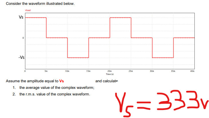 Consider the waveform illustrated below.
Vload
Vs
0
-Vs
5m
10m
15m
Assume the amplitude equal to Vs
1. the average value of the complex waveform;
2. the r.m.s.value of the complex waveform.
20m
Time (s)
and calculate
25m
5
30m
35m
40m
333