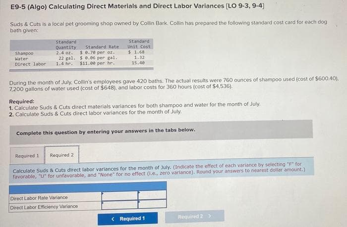 E9-5 (Algo) Calculating Direct Materials and Direct Labor Variances (LO 9-3, 9-4)
Suds & Cuts is a local pet grooming shop owned by Collin Bark. Collin has prepared the following standard cost card for each dog
bath given:
Standard
Standard
Standard Rate
Unit Cost
Quantity
2.4 oz.
$ 1.68
$ 0.70 per oz.
22 gal. $0.06 per gal.
$11.00 per hr.
Shampoo
1.32
Water
15.40
Direct labor
1.4 hr.
During the month of July, Collin's employees gave 420 baths. The actual results were 760 ounces of shampoo used (cost of $600.40),
7,200 gallons of water used (cost of $648), and labor costs for 360 hours (cost of $4536).
Required:
1. Calculate Suds & Cuts direct materials variances for both shamp0o and water for the month of July.
2. Calculate Suds & Cuts direct labor variances for the month of July.
Complete this question by entering your answers in the tabs below.
Required 1
Required 2
Calculate Suds & Cuts direct labor varlances for the month of July. (Indicate the effect of each variance by selecting "F" for
favorable, "U" for unfavorable, and "None" for no effect (I.e., zero variance). Round your answers to nearest dollar amount.)
Direct Labor Rate Variance
Direct Labor Efficiency Variance
< Required 1
Required 2>
