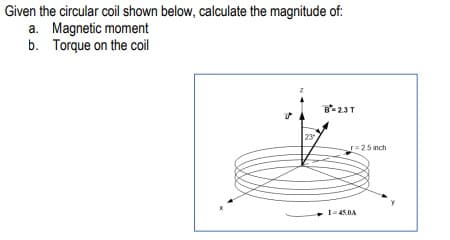 Given the circular coil shown below, calculate the magnitude of:
a. Magnetic moment
b. Torque on the coil
23
=25 nch
I-45.0A
