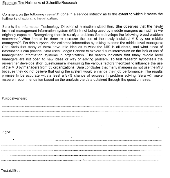 Example: The Hallmarks of Scientific Research
Comment on the following research done in a service industry as to the extent to which it meets the
hailmarks of scientific investigation.
Sara is the information Technology Director of a medium sized firm. She observes that the newly
installed management information system (MIS) is not being used by meddle mangers as much as we
originaily expected. Recognizing there is suray a problem; Sara develops the following broad problem
statement:" What should be done to increase the use of the newly installed MIS by our middle
managers?". For this purpose, she collected information by talking to some the middle level managers;
Sara finds thatl many of them have little idea as to what the MIS is all about, and what kinds of
information it can provide. Sara uses Google Scholar to explore future information on the lack of use of
management information systems in organization. The search indicates that many middle level
managers are not open to new ideas or way of solving probiem. To test research hypothesis the
researcher develops short questionnaire measuring the various factors theorized to influence the use
of the MIS by managers from 35 organizations. Sara concludes that many mangers do not use the MIS
because they do not believe that using the system would enhance their job performance. The results
promise to be accurate with a least a 97% chance of success in problem solving. Sara will make
research recommendation based on the analysis the data obtained through the questionnaires.
Purposiveness:
..... ..E
Rigor:
Testability:
