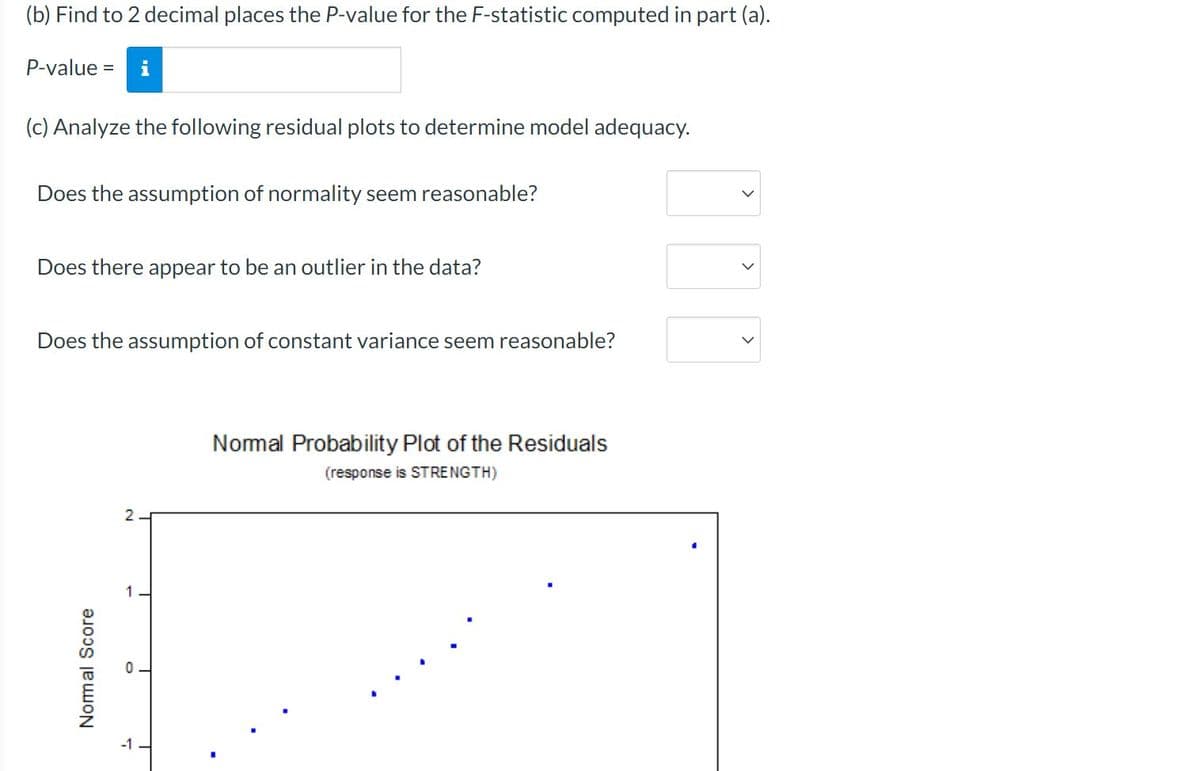 (b) Find to 2 decimal places the P-value for the F-statistic computed in part (a).
P-value =
(c) Analyze the following residual plots to determine model adequacy.
Does the assumption of normality seem reasonable?
Does there appear to be an outlier in the data?
Does the assumption of constant variance seem reasonable?
Nomal Probability Plot of the Residuals
(response is STRENGTH)
-1
>
2.
Nomal Score
