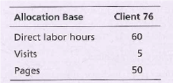 Allocation Base
Client 76
Direct labor hours
60
Visits
Pages
50
