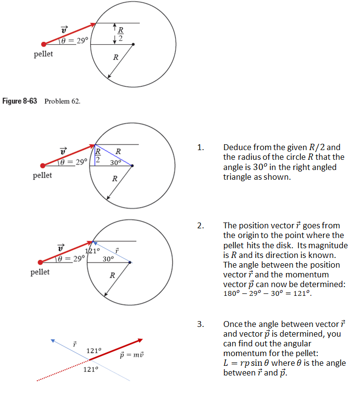 TR
12
10 = 29°
pellet
R
Figure 8-63 Problem 62.
Deduce from the given R/2 and
the radius of the circle R that the
angle is 30° in the right angled
triangle as shown.
1.
R
10 = 29° [ |2 30°
R
pellet
R
The position vector i goes from
the origin to the point where the
pellet hits the disk. Its magnitude
is R and its direction is known.
The angle between the position
vector i and the momentum
vector p can now be determined:
180° – 29° – 30° = 121°.
121°
10 = 29°
30°
pellet
R
Once the angle between vector ?
and vector p is determined, you
can find out the angular
momentum for the pellet:
L = rp sin 0 where 0 is the angle
between i and p.
3.
121°
p = mü
121°
2.
