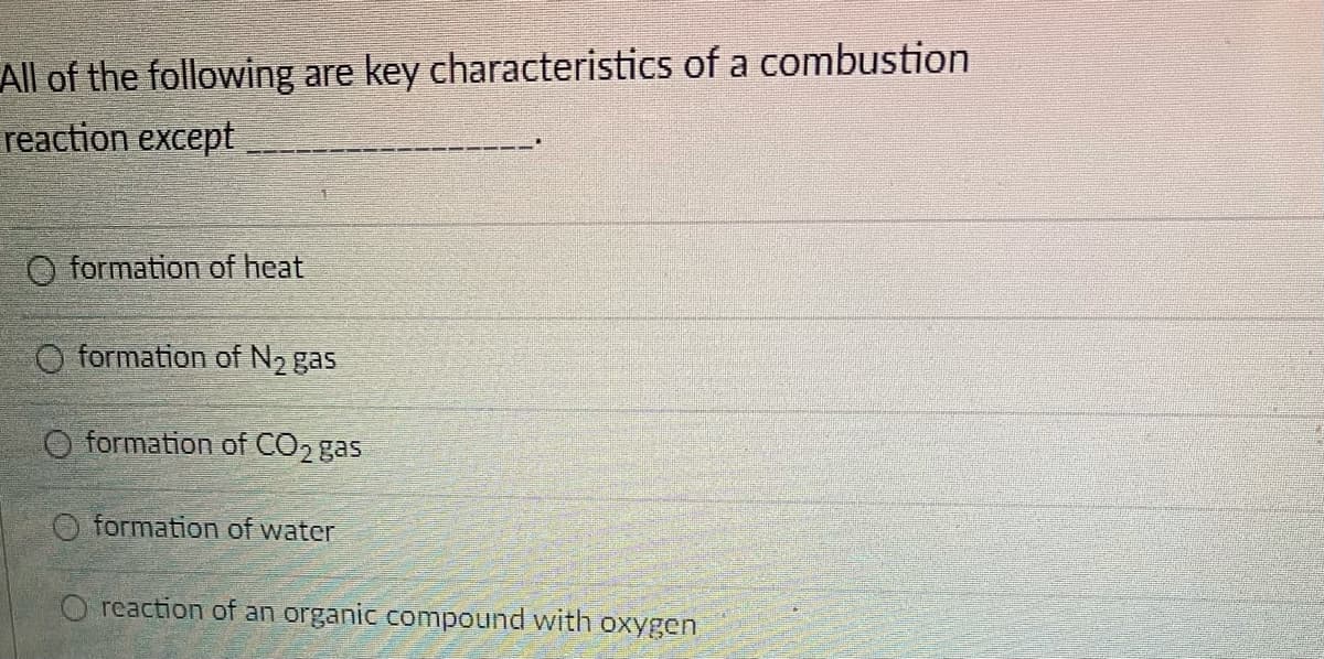 All of the following are key characteristics of a combustion
reaction except
O formation of heat
O formation of N2 gas
O formation of CO2 gas
O formation of water
O reaction of an organic compound with oxygen
