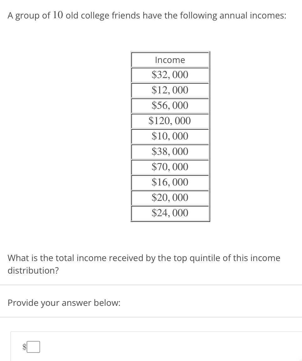 A group of 10 old college friends have the following annual incomes:
Income
$32, 000
$12, 000
$56, 000
$120, 000
$10, 000
$38, 000
$70, 000
$16, 000
$20, 000
$24, 000
What is the total income received by the top quintile of this income
distribution?
Provide your answer below:
