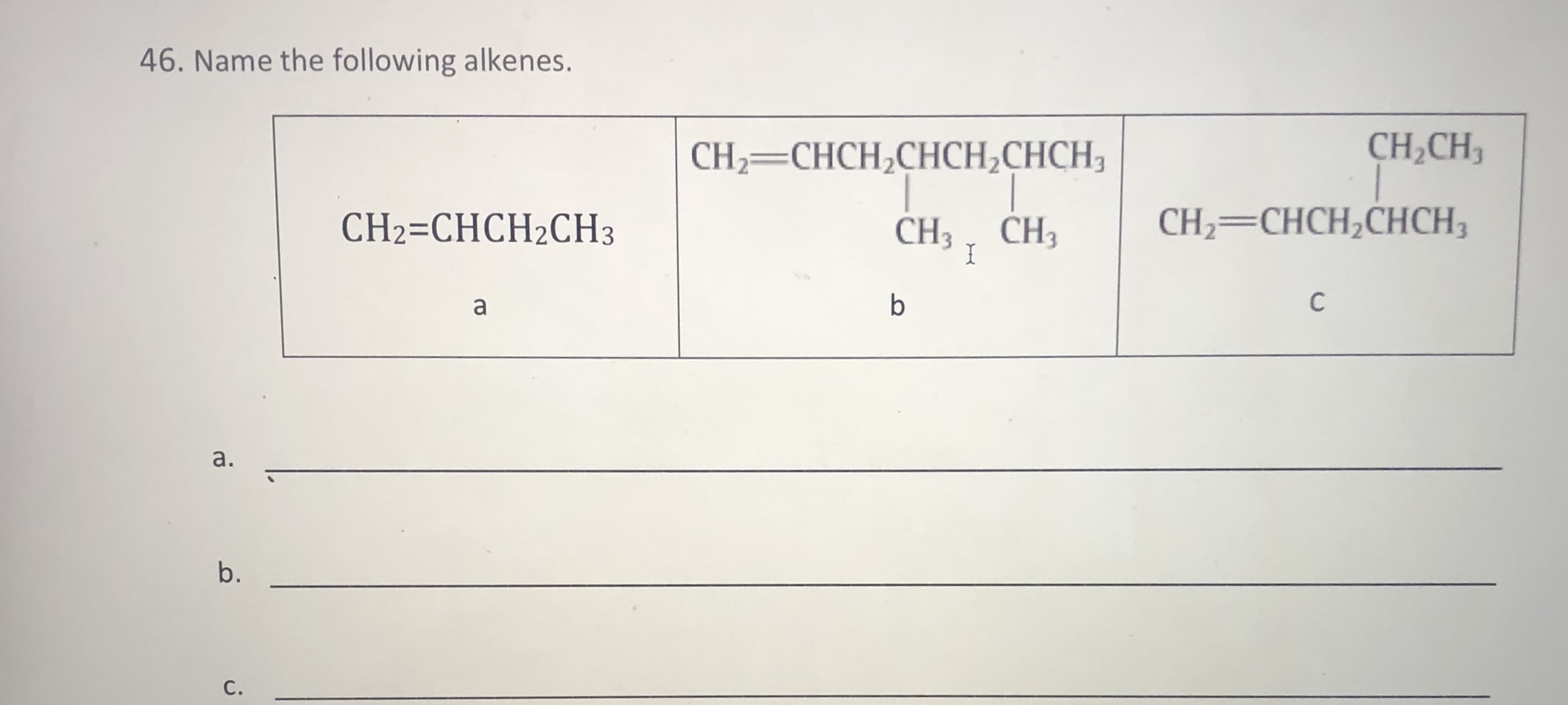46. Name the following alkenes.
CH,CH3
CH2=CHCH,CHCH,CHCH3
1.
CH3 , CH3
CH2=CHCH2CH3
CH2=CHCH,CHCH3
a
C
