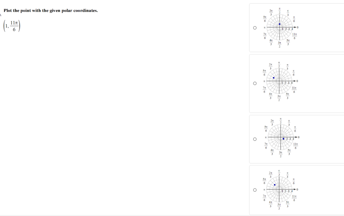 Plot the point with the given polar coordinates.
3
(1.4)
11m
11x
6
3
11n
4m
3
1234
7x
11m
6
3x
3
3
