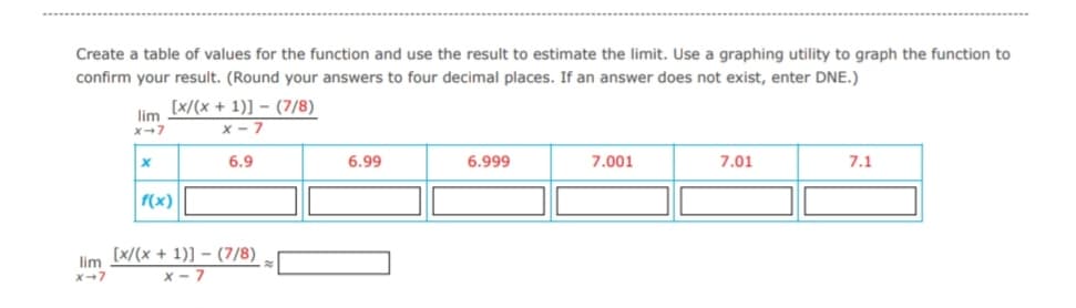 Create a table of values for the function and use the result to estimate the limit. Use a graphing utility to graph the function to
confirm your result. (Round your answers to four decimal places. If an answer does not exist, enter DNE.)
lim
X-7
lim [x/(x + 1)] − (7/8)
X-7
X-7
6.9
X
f(x)
[x/(x+1)] (7/8)
X-7
6.99
6.999
7.001
7.01
7.1