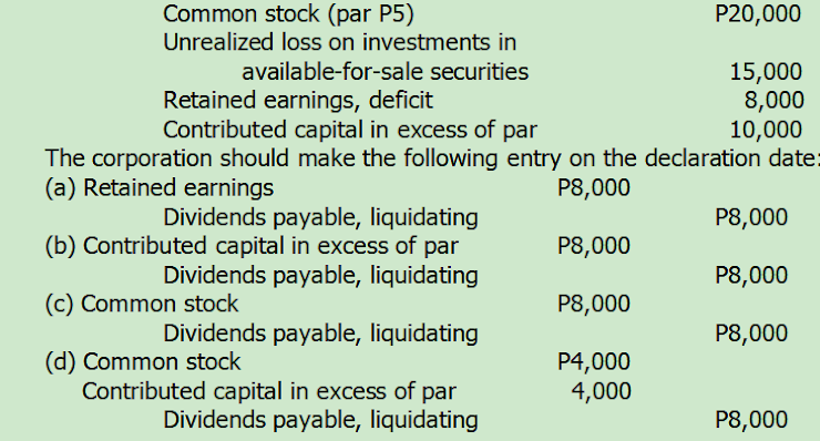 Common stock (par P5)
Unrealized loss on investments in
P20,000
available-for-sale securities
15,000
8,000
10,000
The corporation should make the following entry on the declaration date:
Retained earnings, deficit
Contributed capital in excess of par
(a) Retained earnings
P8,000
Dividends payable, liquidating
(b) Contributed capital in excess of par
Dividends payable, liquidating
P8,000
Р8,000
Р8,000
(c) Common stock
Р8,000
Dividends payable, liquidating
P8,000
(d) Common stock
Contributed capital in excess of par
P4,000
4,000
Dividends payable, liquidating
P8,000
