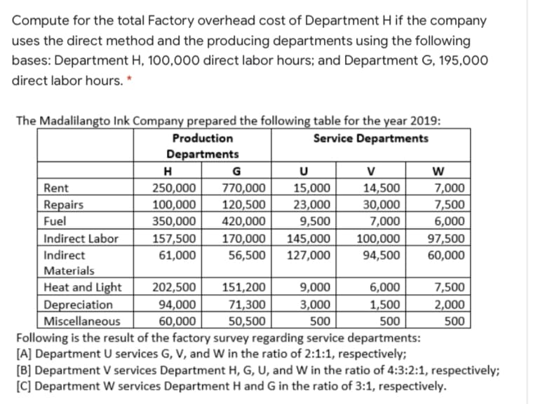 Compute for the total Factory overhead cost of Department H if the company
uses the direct method and the producing departments using the following
bases: Department H, 100,000 direct labor hours; and Department G, 195,000
direct labor hours. *
The Madalilangto Ink Company prepared the following table for the year 2019:
Production
Service Departments
Departments
H
G
V
w
770,000
120,500
420,000
170,000
15,000
23,000
9,500
14,500
30,000
7,000
7,000
7,500
6,000
97,500
Rent
250,000
100,000
350,000
157,500
61,000
Repairs
Fuel
Indirect Labor
145,000
127,000
100,000
94,500
Indirect
56,500
60,000
Materials
Heat and Light
Depreciation
Miscellaneous
Following is the result of the factory survey regarding service departments:
[A] Department U services G, V, and W in the ratio of 2:1:1, respectively;
[B] Department V services Department H, G, U, and W in the ratio of 4:3:2:1, respectively;
[C] Department W services Department H and G in the ratio of 3:1, respectively.
7,500
202,500
94,000
60,000
151,200
71,300
50,500
9,000
3,000
6,000
1,500
500
2,000
500
500
