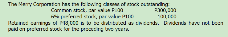 The Merry Corporation has the following classes of stock outstanding:
Common stock, par value P100
6% preferred stock, par value P100
P300,000
100,000
Retained earnings of P48,000 is to be distributed as dividends. Dividends have not been
paid on preferred stock for the preceding two years.
