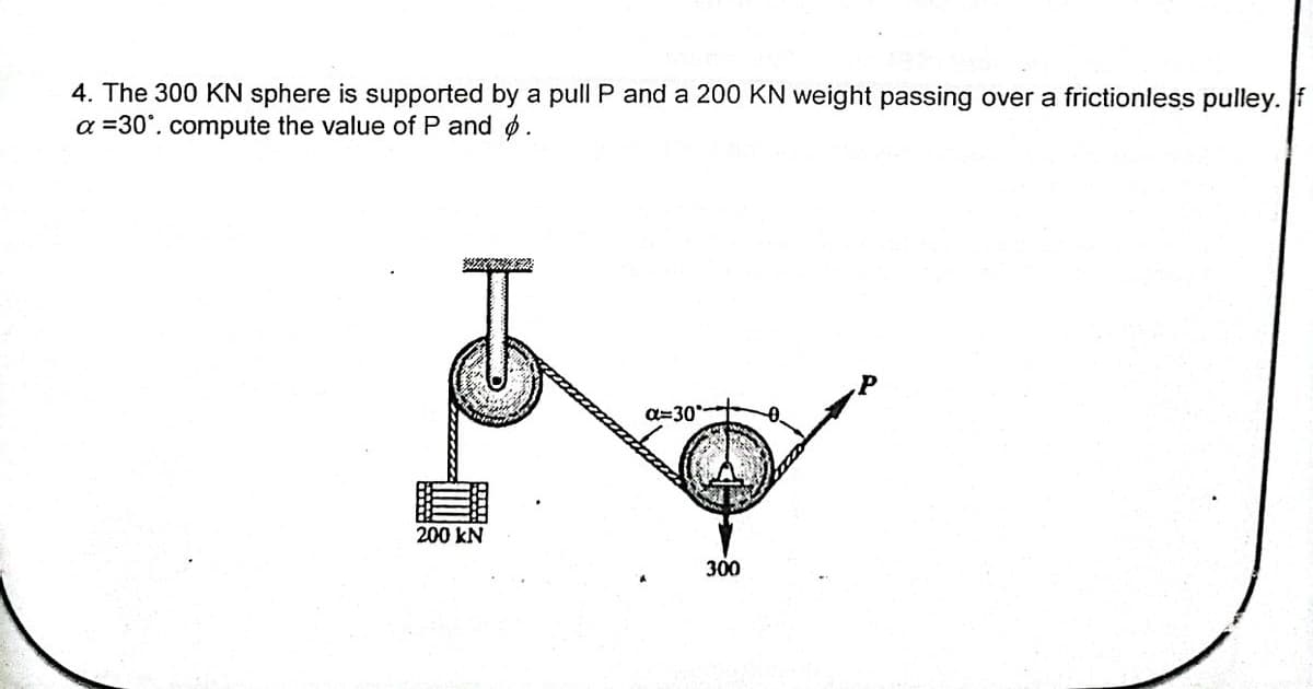 4. The 300 KN sphere is supported by a pull P and a 200 KN weight passing over a frictionless pulley. If
a =30°. compute the value of P and
.
SAXOFORSIDE
200 kN
a=30°
300
0.