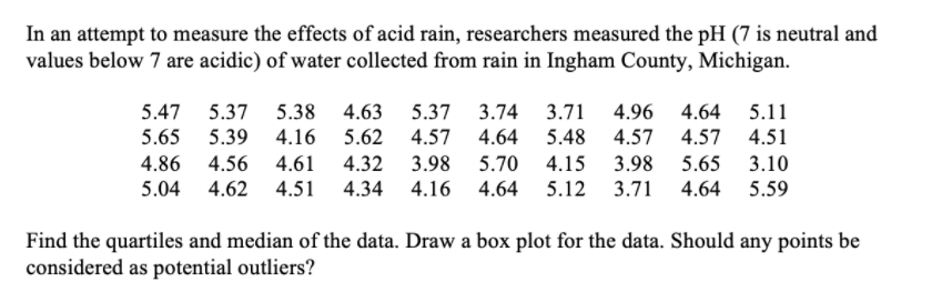 In an attempt to measure the effects of acid rain, researchers measured the pH (7 is neutral and
values below 7 are acidic) of water collected from rain in Ingham County, Michigan.
5.47 5.37
5.38
4.63
5.37
3.74
3.71
4.96
4.64
5.11
5.65 5.39 4.16 5.62 4.57
4.64
5.48
4.57
4.57
4.51
4.32 3.98
5.70 4.15
5.12
4.86 4.56 4.61
3.98
5.65
3.10
5.04 4.62 4.51 4.34 4.16
4.64
3.71
4.64
5.59
Find the quartiles and median of the data. Draw a box plot for the data. Should any points be
considered as potential outliers?
