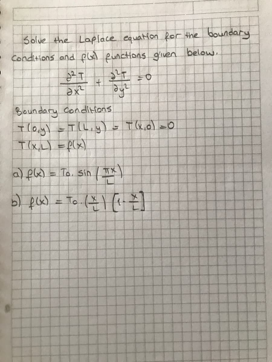 Solve the Laplace equation Ror the boundary
Conditions and pla Runctions gliven below
Boundary Conditions
a) fx) = To. Sin
TX
To
