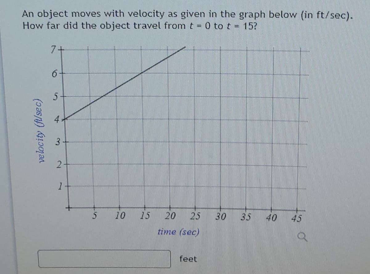 An object moves with velocity as given in the graph below (in ft/sec).
How far did the object travel from t = 0 to t = 15?
%3D
7+
5
10
15
20
25
30
35
40
45
time (sec)
feet
velocity (f/sec)
3.
