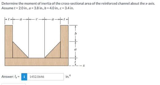 Determine the moment of inertia of the cross-sectional area of the reinforced channel about the x-axis.
Assume t = 2.0 in., a = 3.8 in., b = 4.0 in, c= 3.4 in.
Answer: =
1452.0646
in.
