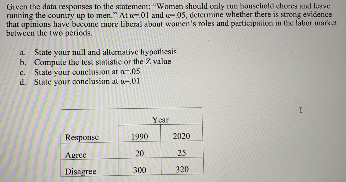 Given the data responses to the statement: "Women should only run household chores and leave
running the country up to men." At a=.01 and a=.05, determine whether there is strong evidence
that opinions have become more liberal about women's roles and participation in the labor market
between the two periods.
a. State your null and alternative hypothesis
b. Compute the test statistic or the Z value
c. State your conclusion at a=.05
d. State your conclusion at a=.01
Year
Response
1990
2020
Agree
20
25
Disagree
300
320
