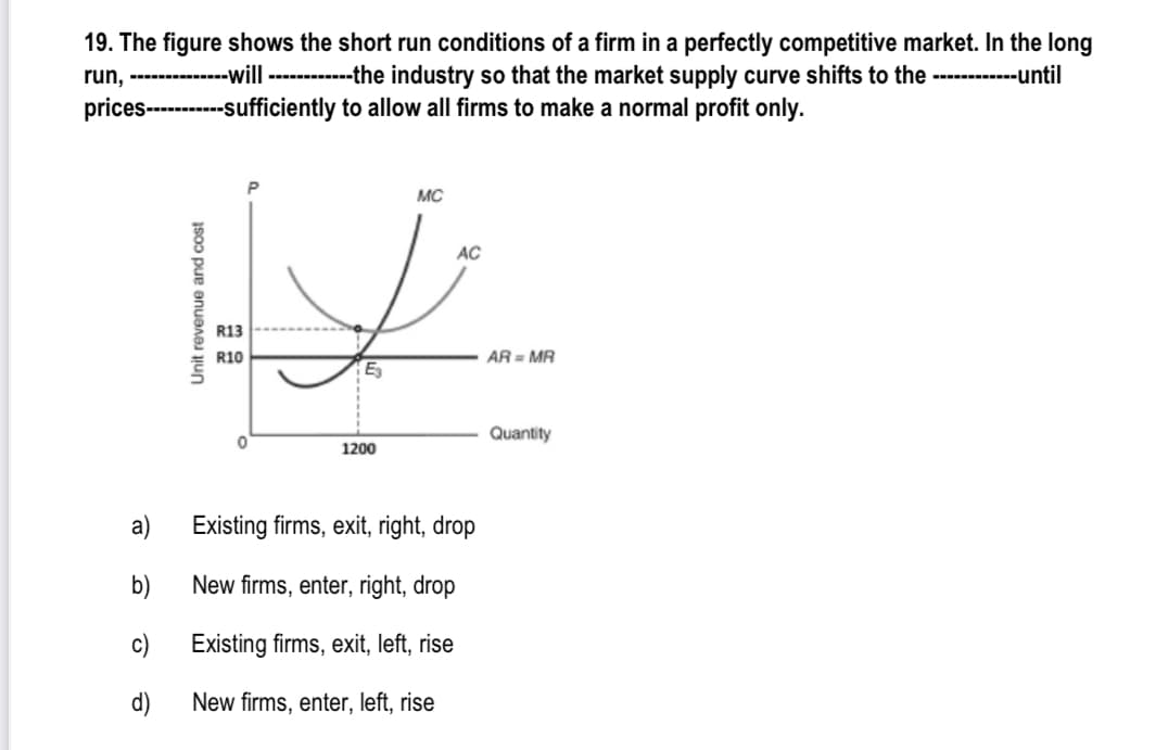 19. The figure shows the short run conditions of a firm in a perfectly competitive market. In the long
run, ------------will ----------the industry so that the market supply curve shifts to the ----------until
prices-------sufficiently to allow all firms to make a normal profit only.
MC
AC
R13
R10
AR = MR
E
Quantity
1200
a)
Existing firms, exit, right, drop
b)
New firms, enter, right, drop
c)
Existing firms, exit, left, rise
d)
New firms, enter, left, rise
Unit revenue and cost
