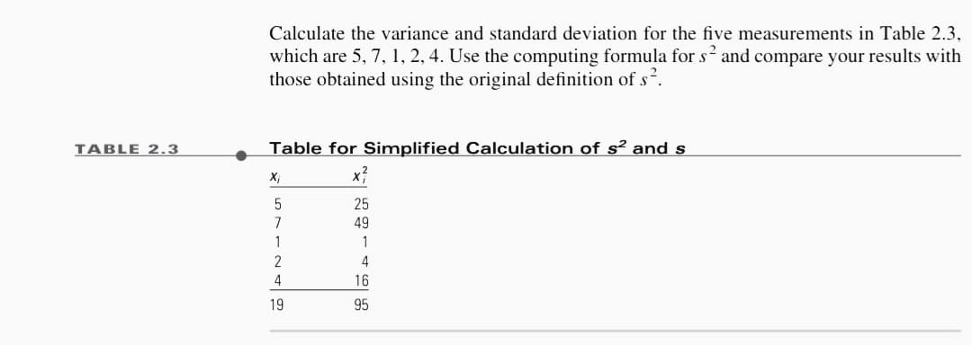 TABLE 2.3
Calculate the variance and standard deviation for the five measurements in Table 2.3,
which are 5, 7, 1, 2, 4. Use the computing formula for s² and compare your results with
those obtained using the original definition of s².
Table for Simplified Calculation of s² and s
X₁
x²
25
49
1
5
7
1
2
4
19
4
16
95