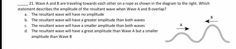 21. Wave A and B are traveling towards each other on a rope as shown in the diagram to the right. Which
statement describes the amplitude of the resultant wave when Wave A and B overlap?
a. The resultant wave will have no amplitude
b. The resultant wave will have a greater amplitude than both waves
c. The resultant wave will have a smaller amplitude than both waves
d. The resultant wave will have a great amplitude than Wave A but a smaller
amplitude than Wave B
