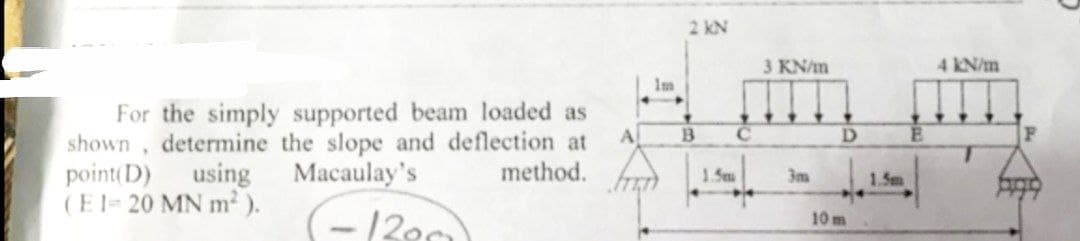 shown
For the simply supported beam loaded as
determine the slope and deflection at
Macaulay's
point(D)
using
method.
(E 1= 20 MN m²).
(-1200)
A
lm
2 KN
B
1.5m
C
3 KN/m
3m
D
10 m
E
4 kN/m
F