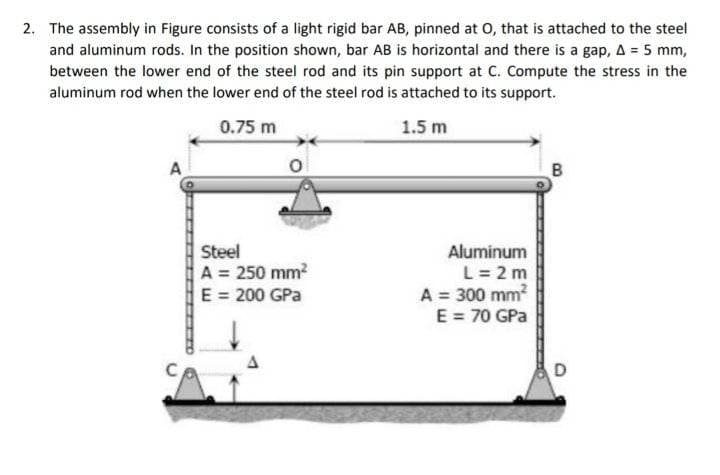 2. The assembly in Figure consists of a light rigid bar AB, pinned at 0, that is attached to the steel
and aluminum rods. In the position shown, bar AB is horizontal and there is a gap, A = 5 mm,
between the lower end of the steel rod and its pin support at C. Compute the stress in the
aluminum rod when the lower end of the steel rod is attached to its support.
0.75 m
1.5 m
A
B
Steel
A = 250 mm?
E = 200 GPa
Aluminum
L= 2 m
A = 300 mm?
E = 70 GPa
D
