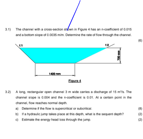 3.1) The channel with a cross-section shwn in Figure 4 has an n-coefficient of 0.015
and a bottom slope of 0.0035 m/m. Determine the rate of flow through the channel.
1:1
1:2
1400 mm
Figure 4
700 mm
