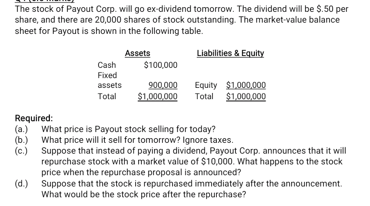 The stock of Payout Corp. will go ex-dividend tomorrow. The dividend will be $.50 per
share, and there are 20,000 shares of stock outstanding. The market-value balance
sheet for Payout is shown in the following table.
Liabilities & Equity
Assets
$100,000
Cash
Fixed
Equity $1,000,000
Total $1,000,000
assets
900,000
Total
$1,000,000
Required:
(a.)
What price is Payout stock selling for today?
(b.)
What price will it sell for tomorrow? Ignore taxes.
(c.) Suppose that instead of paying a dividend, Payout Corp. announces that it will
repurchase stock with a market value of $10,000. What happens to the stock
price when the repurchase proposal is announced?
(d.) Suppose that the stock is repurchased immediately after the announcement.
What would be the stock price after the repurchase?

