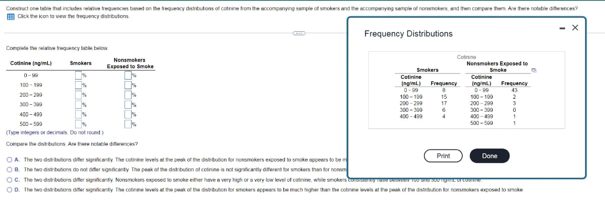 Construct one table that includes relative frequencies based on the frequency distributions of cotinine from the accompanying sample of smokers and the accompanying sample of nonsmokers, and then compare them. Are there notable differences?
E Click the icon to view the frequency distributions.
- X
Frequency Distributions
Complete the relative frequency table below
Cotinine
Nonsmokers
Cotinine (ng/mL)
Smokers
Nonsmokers Exposed to
Exposed to Smoke
Smokers
Smoke
0- 99
Cotinine
Cotinine
(ng/mL)
0- 99
Frequency
(ng/mL)
0- 99
100 - 199
200 - 299
300 - 399
400 - 499
100 - 199
%
Frequency
8
43
200 - 299
%
100 - 199
15
2
200 - 299
300 - 399
%
T%
%
300 - 399
17
3
6
400 - 499
400 - 499
4
1
500 - 599
%
500 - 599
1
(Type integers or decimals. Do not round.)
Compare the distributions. Are there notable differences?
Print
Done
O A. The two distributions differ significantly. The cotinine levels at the peak of the distribution for nonsmokers exposed to smoke appears to be m
O B. The two distributions do not differ significantly The peak of the distribution of cotinine is not significantly different for smokers than for nonsm
O C. The two distributions differ significantly. Nonsmokers exposed to smoke either have a very high or a very low level of cotinine, while smokers cOISISTenuy nave veLween Tou anu J00 TigTL OT Coune.
O D. The two distributions differ significantly. The cotinine levels at the peak of the distribution for smokers appears to be much higher than the cotinine levels at the peak of the distribution for nonsmokers exposed to smoke
