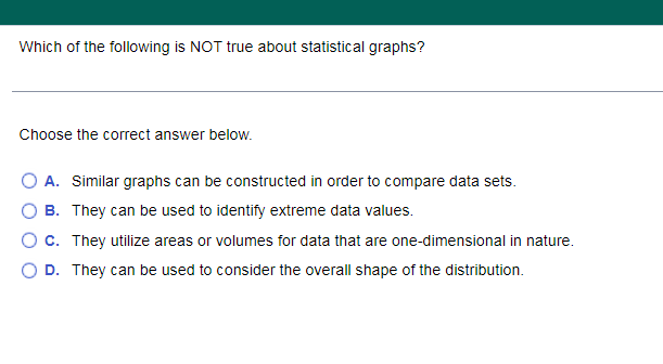 Which of the following is NOT true about statistical graphs?
Choose the correct answer below.
A. Similar graphs can be constructed in order to compare data sets.
B. They can be used to identify extreme data values.
O c. They utilize areas or volumes for data that are one-dimensional in nature.
D. They can be used to consider the overall shape of the distribution.
