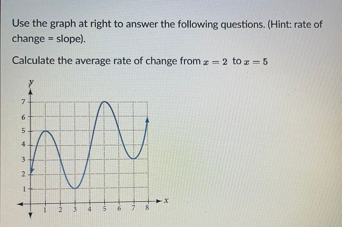 Use the graph at right to answer the following questions. (Hint: rate of
change = slope).
Calculate the average rate of change from æ = 2 to a = 5
9.
4
*****
2.
1.
其
3
4
7
8.
in
3.
