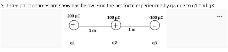 5. Three point charges are shown as below. Find the net force experienced by q2 due to q1 and q3.
200 μC
100 μC
- 100 μC
...
(+)
+)
1m
1m
q1
92
93
