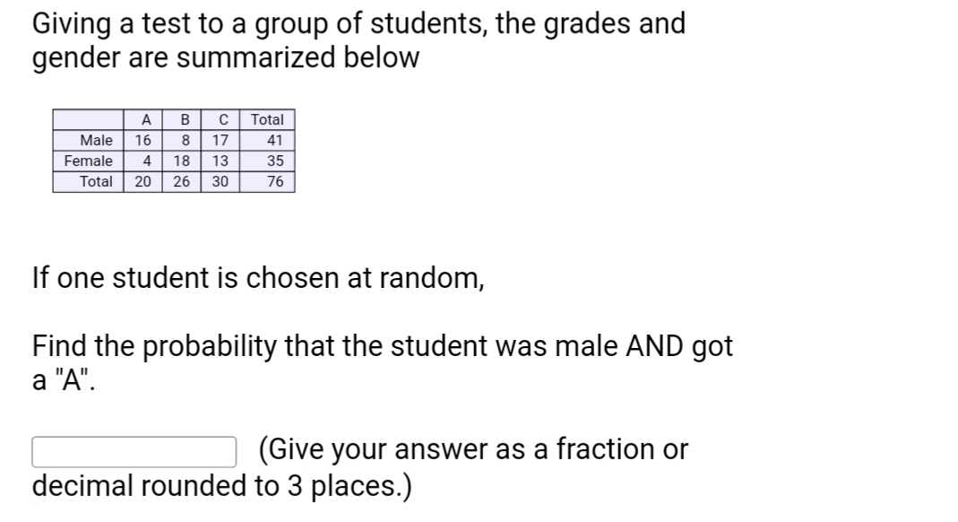 Find the probability that the student was male AND got
a "A".
