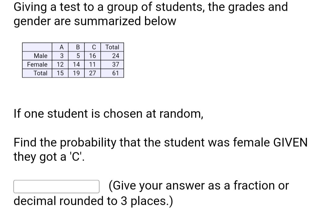 A
В
C
Total
Male
3
16
24
Female
12
14
11
37
Total
15
19
27
61
If one student is chosen at random,
Find the probability that the student was female GIVEN
they got a 'C'.
