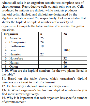 Almost all cells in an organism contain two complete sets of
chromosomes. Reproductive cells contain only one set. Cells
produced by mitosis are diploid while meiosis produces
haploid cells. Haploid and diploid are designated by the
algebraic notation n and 2n, respectively. Below is a table that
shows the haploid or diploid numbers of a variety of
organisms. Complete the table and use it to answer the given
questions.
Organism
1. Amoeba
2. Chimpanzee
3. Earthworm
4. Fern
5. Hamster
6. Honeybee
7. Human
8. Onion
9-10. What are the haploid numbers for the two plants listed in
n
2n
25
24
18
1010
22
32
46
16
the table?
11. Based on the table above, which organism's diploid
numbers are closest to that of a human?
12. Explain why a diploid number is always even.
13-14. Which organism's haploid and diploid numbers do you
find most surprising? Why?
15. Why is it important that each organism has specific number
of chromosomes?
