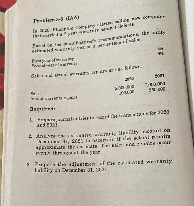 Problem 3-3 (IAA)
In 2020, Plumpton Company started selling new computer
that carried a 2-year warranty against defects.
Based on the manufacturer's recommendations, the entity
estimated warranty cost as a percentage of sales.
3%
First year of warranty
Second year ofwarranty
9%
Sales and actual warranty repairs are as follows:
2020
2021
5,000,000
100,000
7,000,000
250,000
Sales
Actual warranty repairs
Required:
1. Prepare journal entries to record the transactions for 2020
and 2021.
2. Analyze the estimated warranty liability account on
December 31, 2021 to ascertain if the actual repairs
approximate the estimate. The sales and repairs occur
evenly throughout the year.
3. Prepare the adjustment of the estimated warranty
liability on December 31, 2021.
