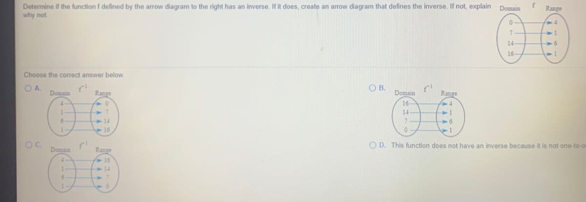 Determine if the function f defined by the arrow diagram to the right has an inverse. If it does, create an arrow diagram that defines the inverse. If not, explain
why not.
f
Range
Domain
00
7.
14-
16-
-1
Choose the correct answer below.
O A.
Domain
O B.
Domain
Range
Range
16
7.
14
14
17
16
OC.
O D. This function does not have an inverse because it is not one-to-or
Domain
Range
16
14
