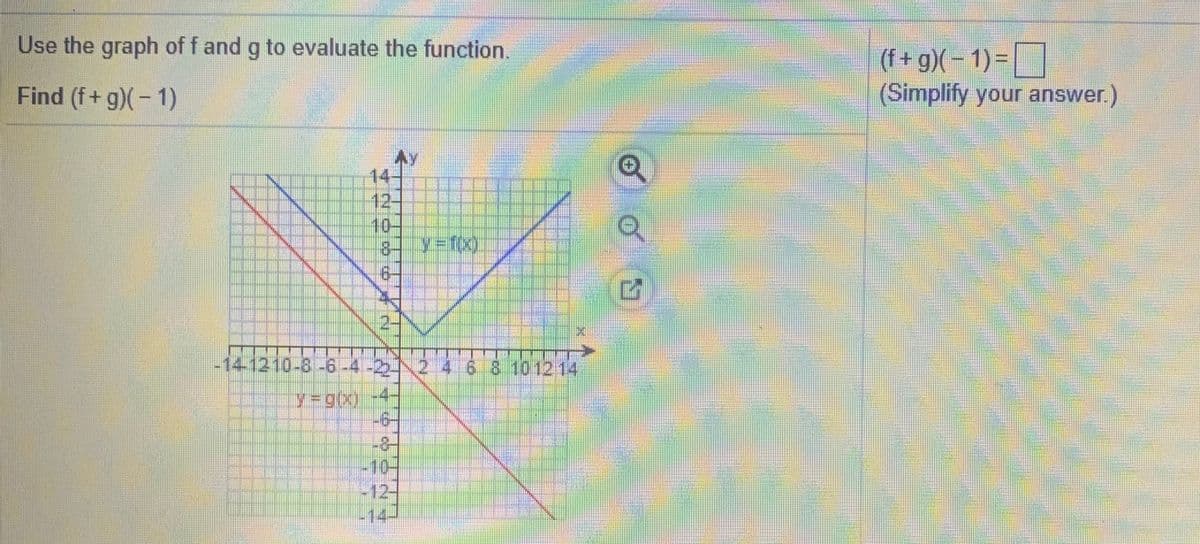 Use the graph of f and g to evaluate the function.
(f + g)(- 1)=|
(Simplify your answer.)
Find (f+ g)(-1)
14-
12-
10-
-
6-
-141210-8-6-4-2).
2468101214
-6-
-8-
-10-
-14-
