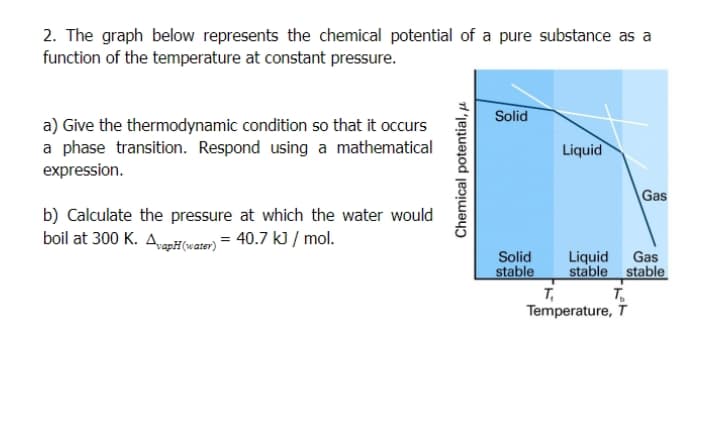 2. The graph below represents the chemical potential of a pure substance as a
function of the temperature at constant pressure.
Solid
a) Give the thermodynamic condition so that it occurs
a phase transition. Respond using a mathematical
expression.
Liquid
Gas
b) Calculate the pressure at which the water would
boil at 300 K. ApH(wate) = 40.7 kJ / mol.
Solid
stable
Liquid
stable stable
T.
Temperature, T
Gas
Chemical potential, µ

