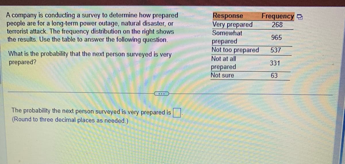 A company is conducting a survey to determine how prepared
people are for a long-term power outage, natural disaster, or
terrorist attack. The frequency distribution on the right shows
the results. Use the table to answer the following question.
What is the probability that the next person surveyed is very
prepared?
The probability the next person surveyed is very prepared is
(Round to three decimal places as needed.)
Response
Very prepared
Somewhat
prepared
Not too prepared
Not at all
prepared
Not sure
Frequency
268
965
537
331
63