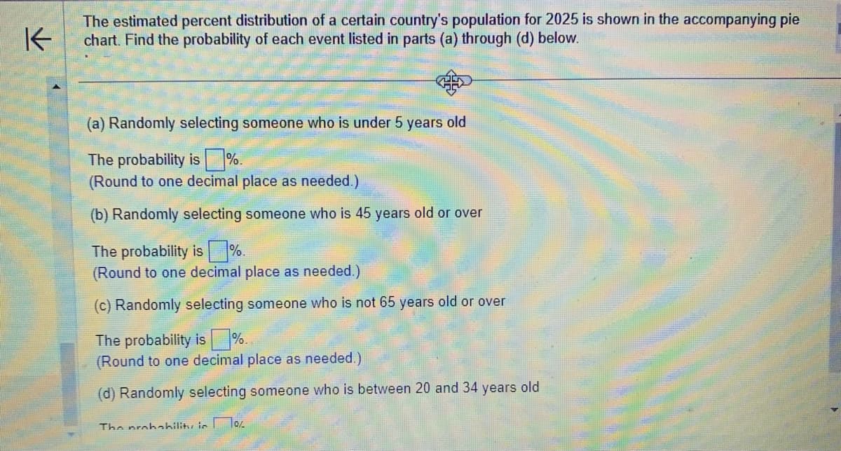 K
The estimated percent distribution of a certain country's population for 2025 is shown in the accompanying pie
chart. Find the probability of each event listed in parts (a) through (d) below.
(a) Randomly selecting someone who is under 5 years old
The probability is%.
(Round to one decimal place as needed.)
(b) Randomly selecting someone who is 45 years old or over
The probability is%.
(Round to one decimal place as needed.)
(c) Randomly selecting someone who is not 65 years old or over
The probability is %.
(Round to one decimal place as needed.)
(d) Randomly selecting someone who is between 20 and 34 years old
7%%
The probability is