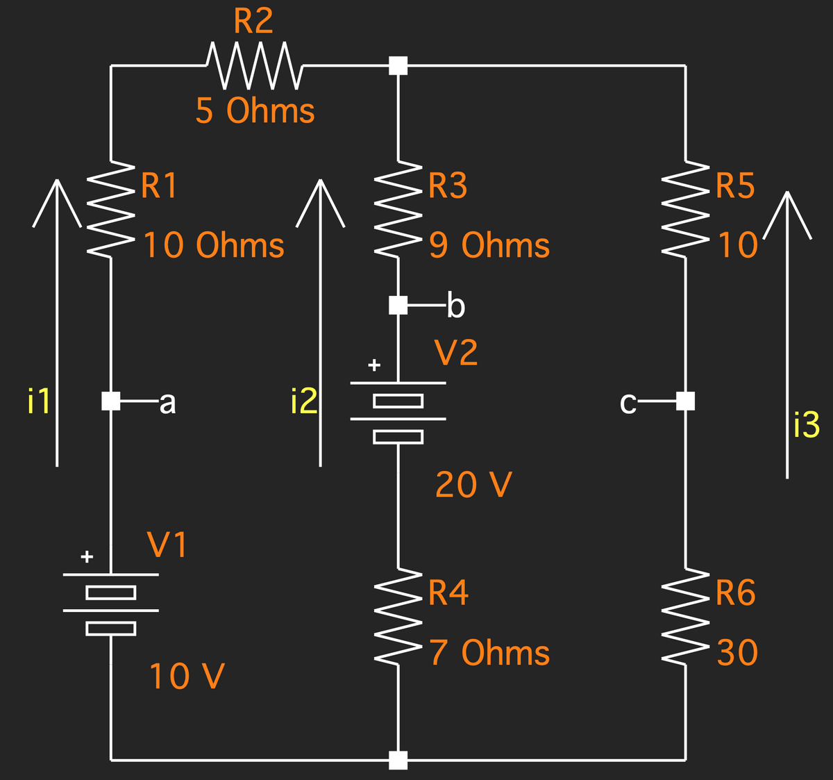 R2
ww
5 Ohms
R1
R3
R5
10 Ohms
9 Ohms
10
-b
V2
i1
а
i2
i3
20 V
V1
+
R4
R6
음
7 Ohms
30
10 V
+
