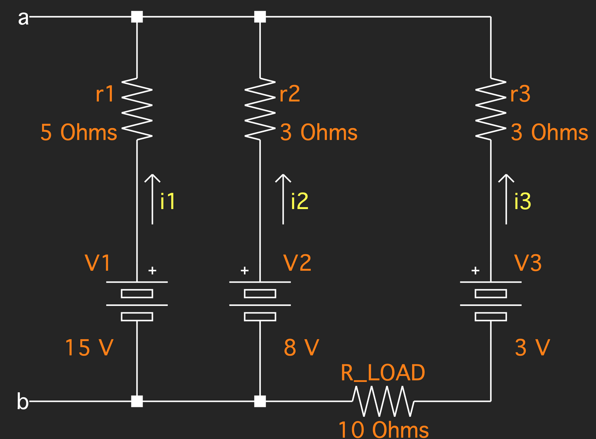 a-
r1
r2
r3
5 Ohms
3 0hms
3 0hms
i1
i2
i3
V1
V2
V3
+
8 V
R_LOAD
15 V
3 V
b-
10 Ohms
+
+
ww
