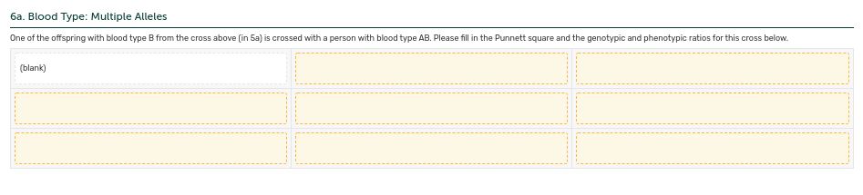 6a. Blood Type: Multiple Alleles
One of the offspring with blood type B from the cross above (in 5a) is crossed with a person with blood type AB. Please fill in the Punnett square and the genotypic and phenotypic ratios for this cross below.
(blank)
